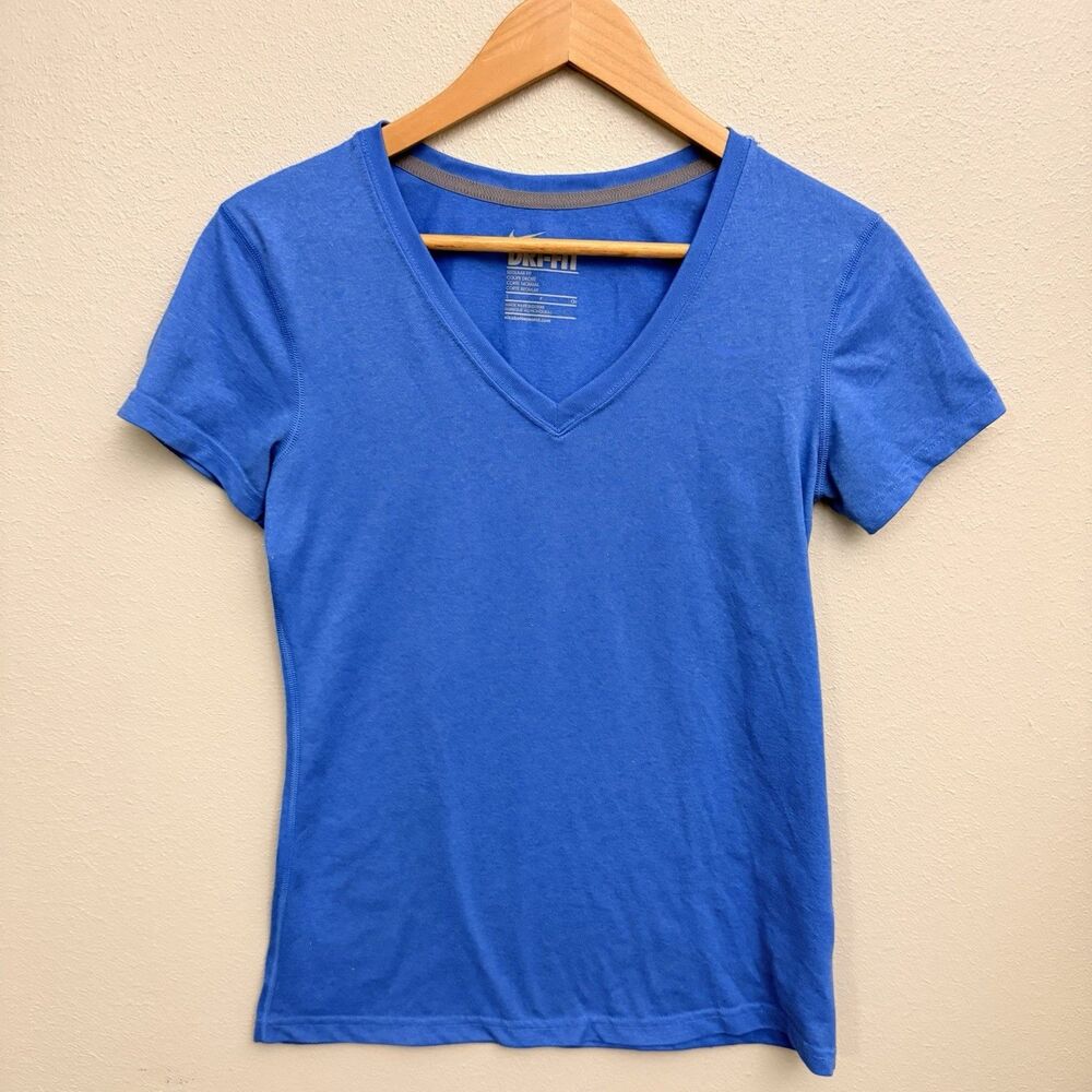 Nike Dri Fit Women Blue V Neck Shirt Size S Running Training Gym Activewear